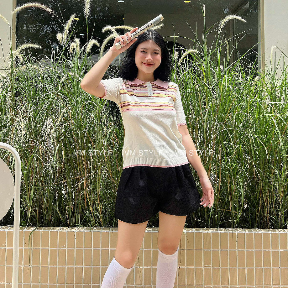 Áo len nữ VMSTYLE croptop tay ngắn cổ bẻ phối màu pastel dễ thương đi học, đi chơi thời trang thu đông 15133 - ALU00244