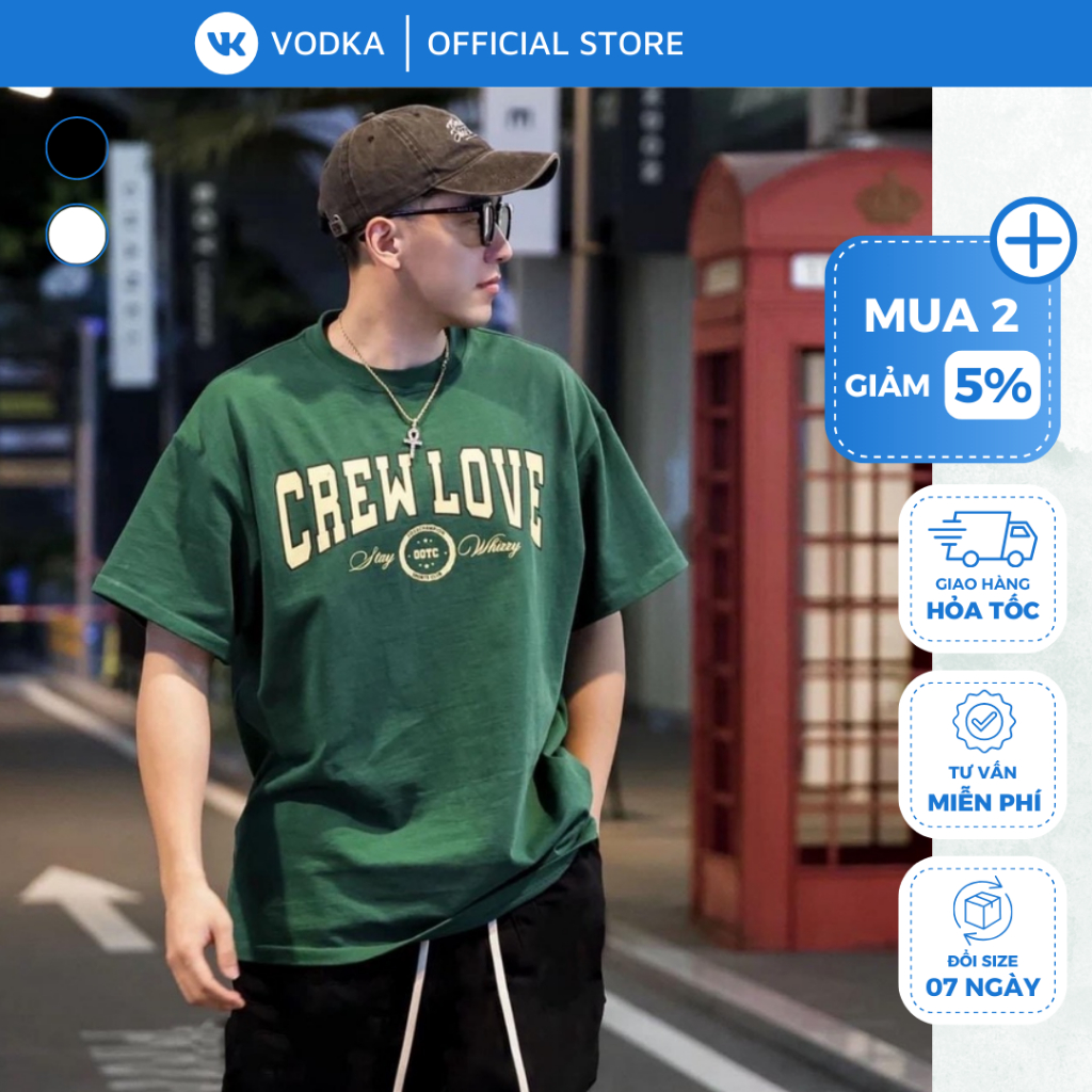 Bộ Thun Cao Cấp Bộ Thun Thiết Kế CREW LOVE Xanh Rêu Form Rộng Chất Cotton Mát Mịn Thấm Hút Mồ Hôi - Vodka Store