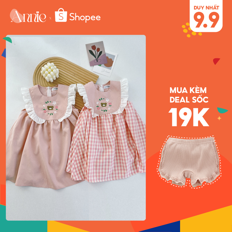 Đầm váy babydoll bé gái Anniebaby dáng xòe nhún bèo thêu hoa ở giữa cho bé từ 10 đến 25kg đi học đi chơi VA23026