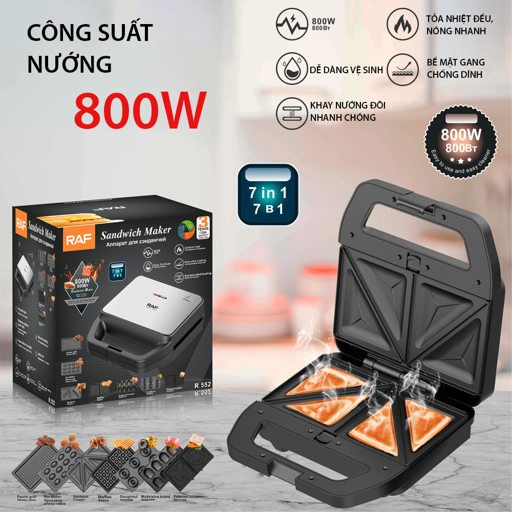 Máy Kẹp Nướng Bánh Mì RAF 7 Khay Nướng Bánh Đôi Công Suất Lớn 800W, Vệ Sinh Dễ Dàng