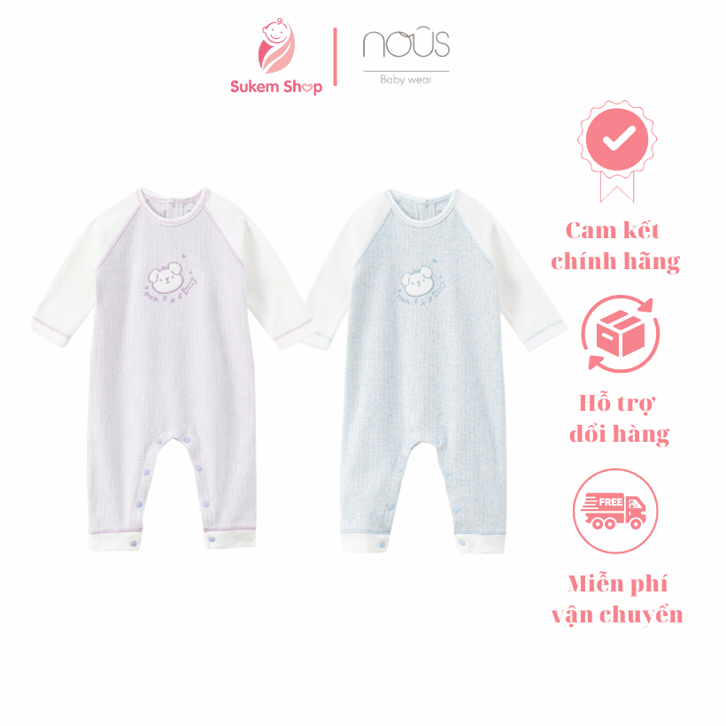 [NOUS] Bodysuit Không Tất Dài Kẻ Phối Tay Thêu Mặt Cún Nous Velours Cho Bé