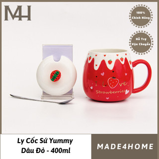 Ly sứ cao cấp họa tiết dâu tây có thìa Made4Home size 400ml