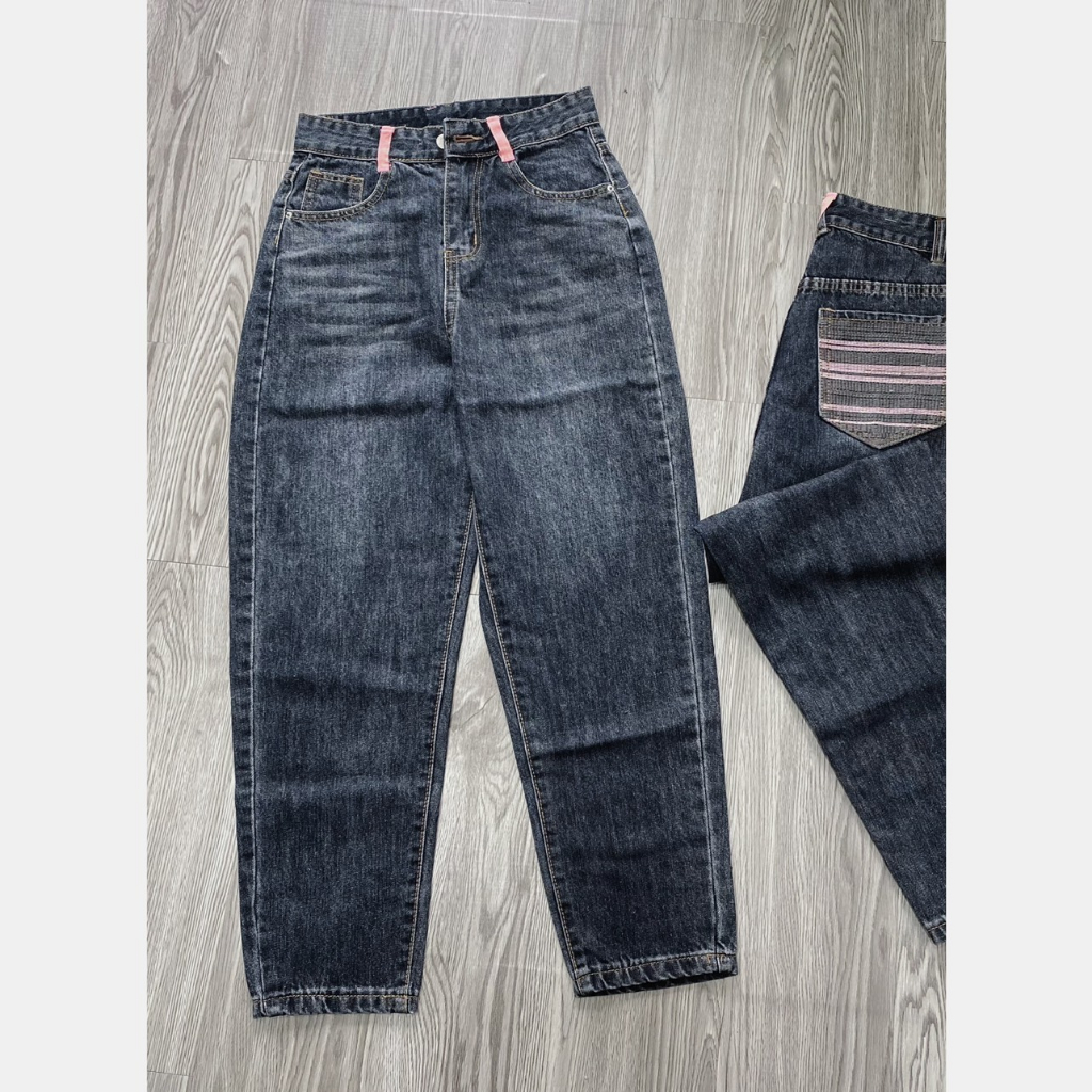 -20100 Quần jean nữ baggy lưng cao ,quần bò nữ cạp cao dáng thụng không co giãn túi sau thêu QC HOT 2023