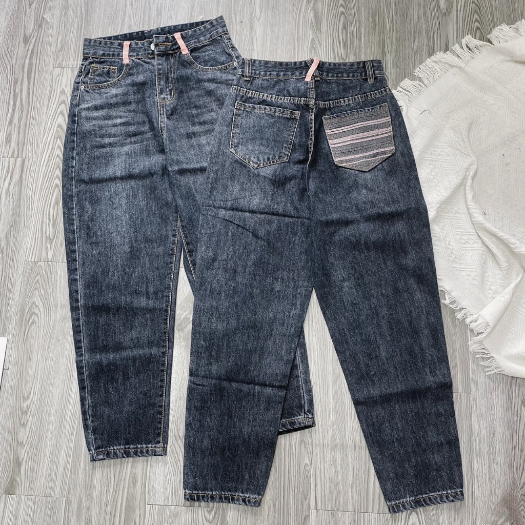 -20100 Quần jean nữ baggy lưng cao ,quần bò nữ cạp cao dáng thụng không co giãn túi sau thêu QC HOT 2023