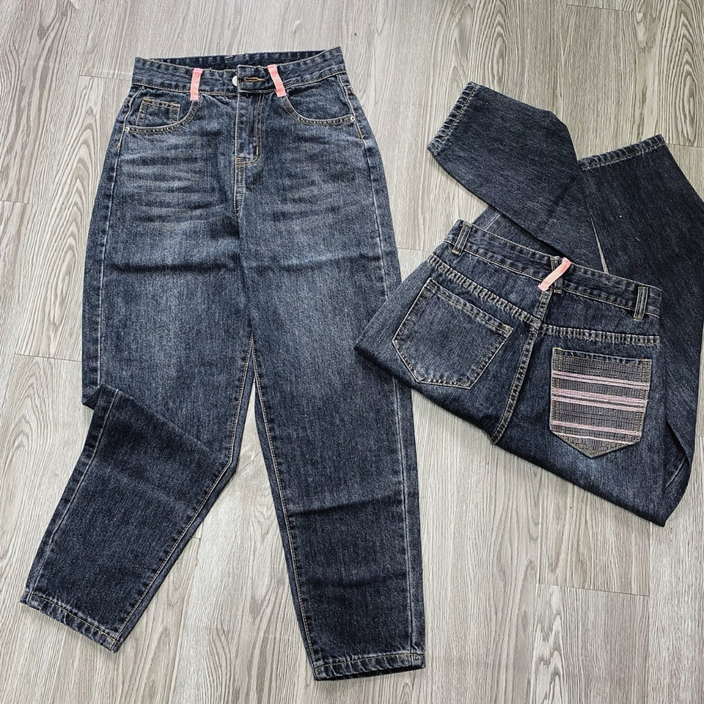 -20100 Quần jean nữ baggy lưng cao ,quần bò nữ cạp cao dáng thụng không co giãn túi sau thêu QC HOT 2023