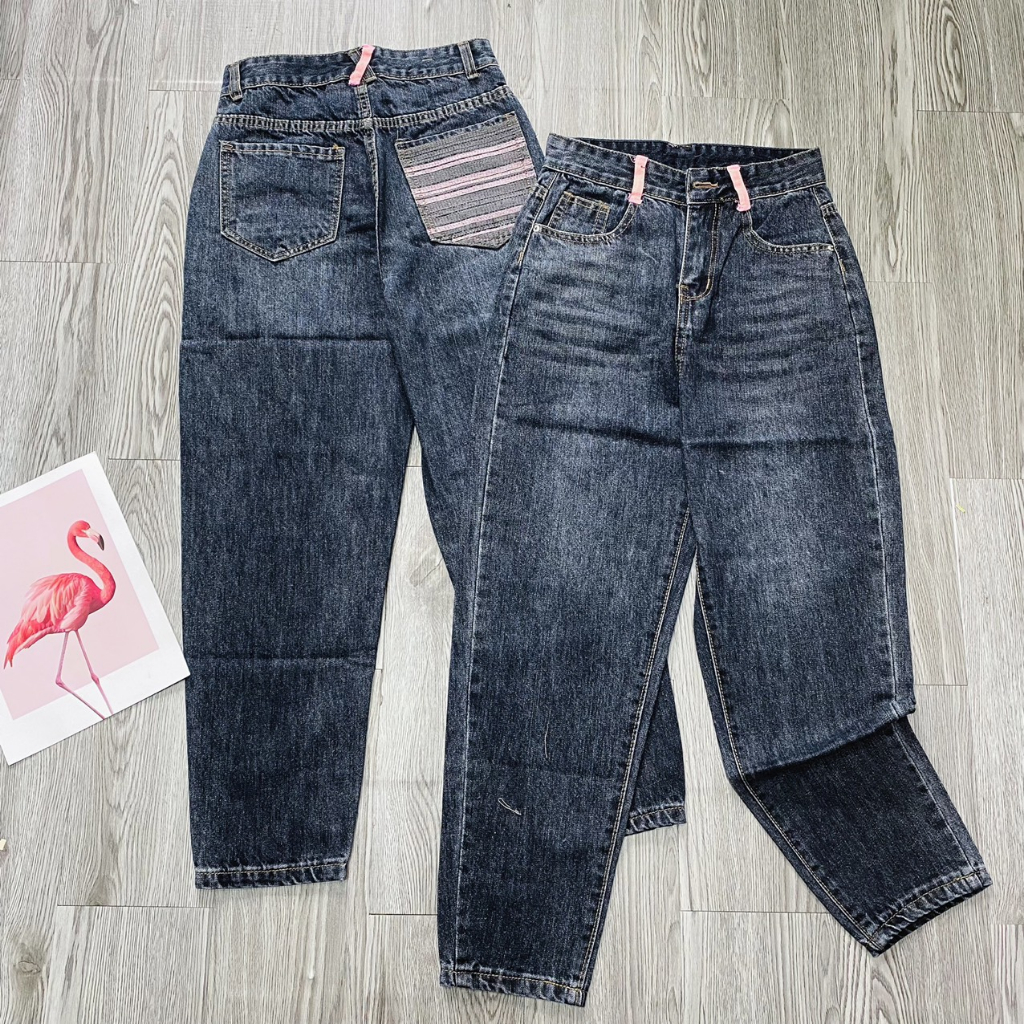 -20100 Quần jean nữ baggy lưng cao ,quần bò nữ cạp cao dáng thụng không co giãn túi sau thêu QC HOT 2023