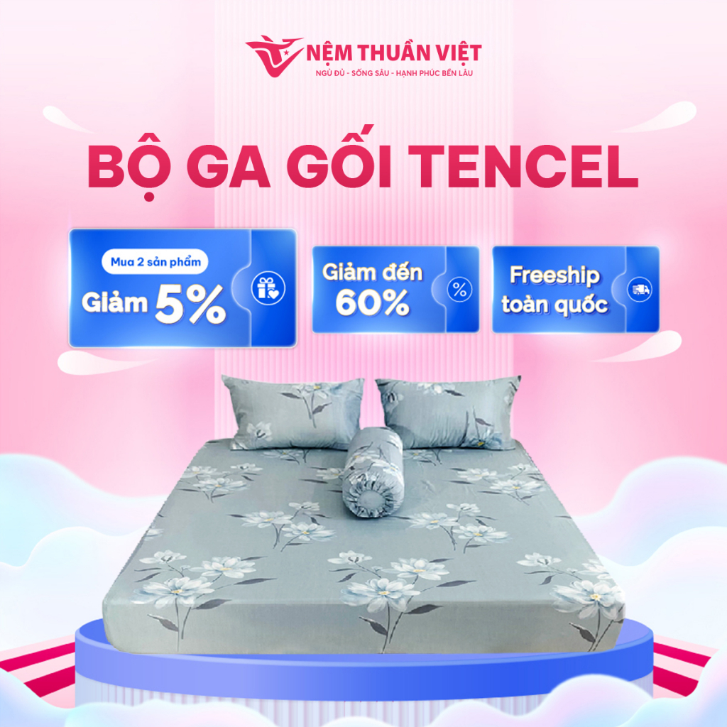Bộ Ga Giường Tencel Thuần Việt Cao Cấp - Xám TVM01 (4 Món)