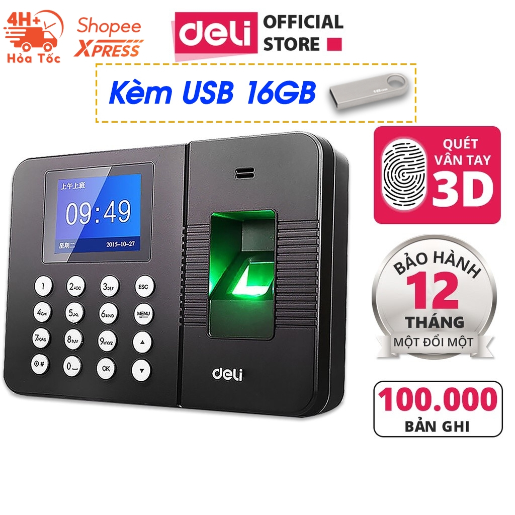 Máy Chấm Công Quét Vân Tay Deli Chính Hãng Nhận Diện Gương Mặt Có Tiếng Việt Kết Nối USB Báo Cáo Excel