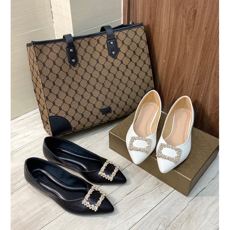 Giày Búp Bê BigSize 40-44 Da Rắn CaRô Khóa Đính Đá-Gót Xoài 2 Phân