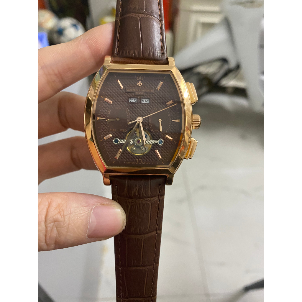 Đồng hồ Nam VCR bầu cơ tự động 6kim máy Nhật size 42mm mặt nâu cafe vỏ vàng hồng lịch thứ thàng tháng năm