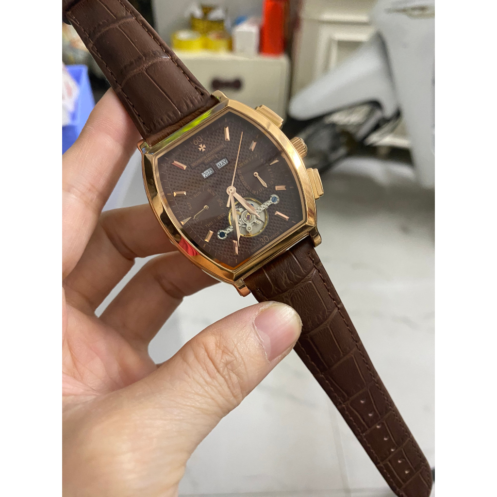 Đồng hồ Nam VCR bầu cơ tự động 6kim máy Nhật size 42mm mặt nâu cafe vỏ vàng hồng lịch thứ thàng tháng năm