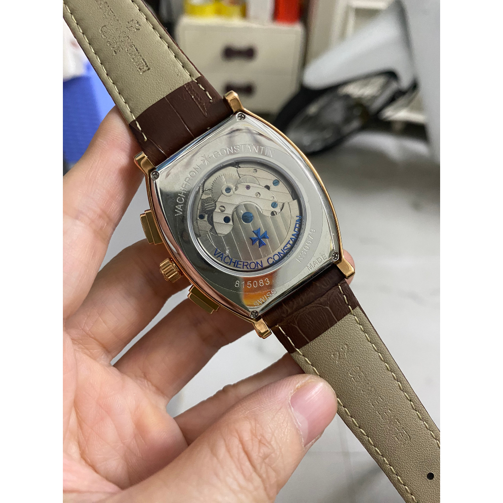 Đồng hồ Nam VCR bầu cơ tự động 6kim máy Nhật size 42mm mặt nâu cafe vỏ vàng hồng lịch thứ thàng tháng năm