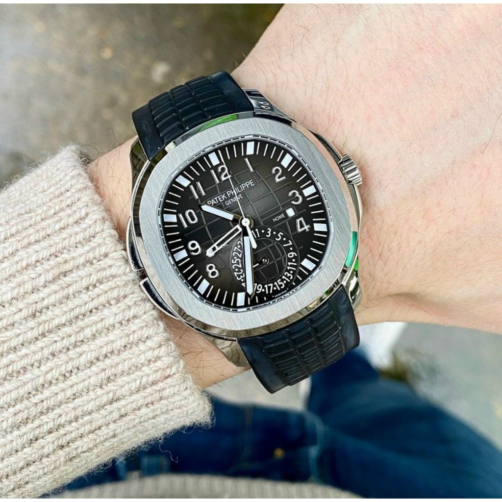 Đồng hồ Nam PT cơ tự động 4kim máy Nhật size 41mm mặt đen vỏ trắng dây cao su