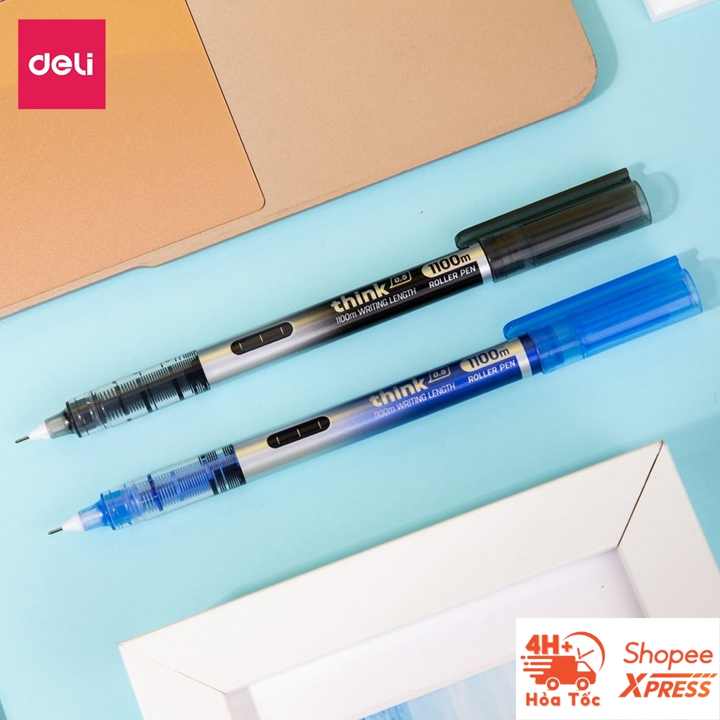 Bút Bi Nước Khô Nhanh Deli Ngòi 0.5mm - Nét Viết Trơn Tru, Có Vạch Mực Và Nắp Đậy - Ghi Chép Văn Phòng, Ký Tên EQ300-BL
