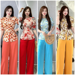 Bộ bà ba lụa hoa 3d tay phồng