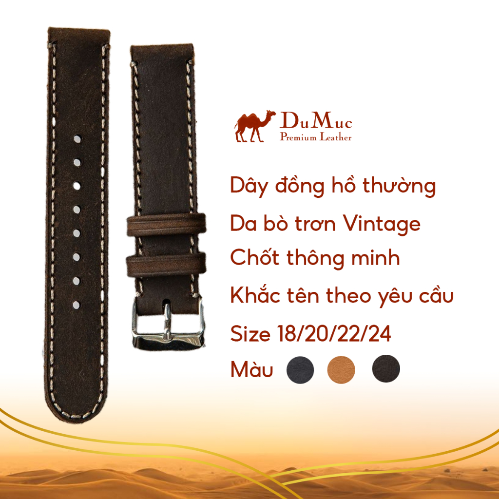 Dây da đồng hồ DU MỤC Leather Da bò trơn Vintage khâu tay thủ công from VietNam