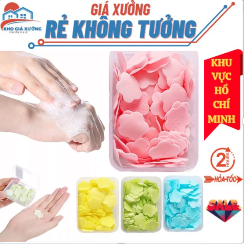 Hộp 50 miếng xà bông khô rửa tay hình bông hoa,Xà phòng giấy nhỏ gọn bỏ túi tiện lợi, xà phòng giấy
