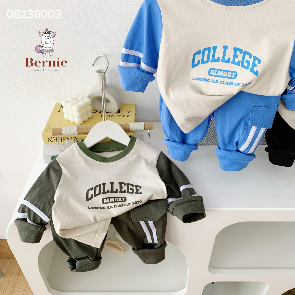 Bộ thu đông bé trai COLLAGE phối sọc cho bé từ 9-23kg Bernie - Bộ dài tay bé trai cotton mềm mát - 0623B003