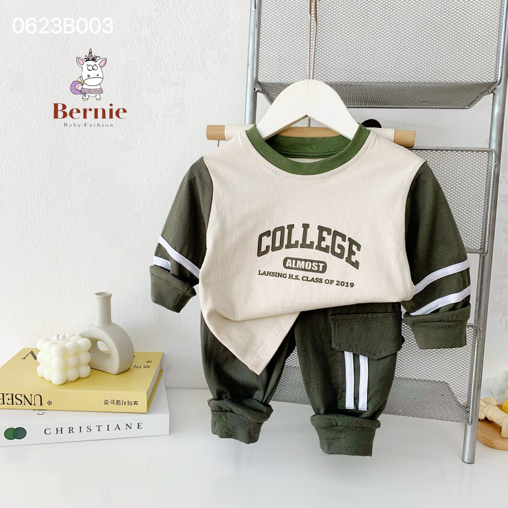 Bộ thu đông bé trai COLLAGE phối sọc cho bé từ 9-23kg Bernie - Bộ dài tay bé trai cotton mềm mát - 0623B003