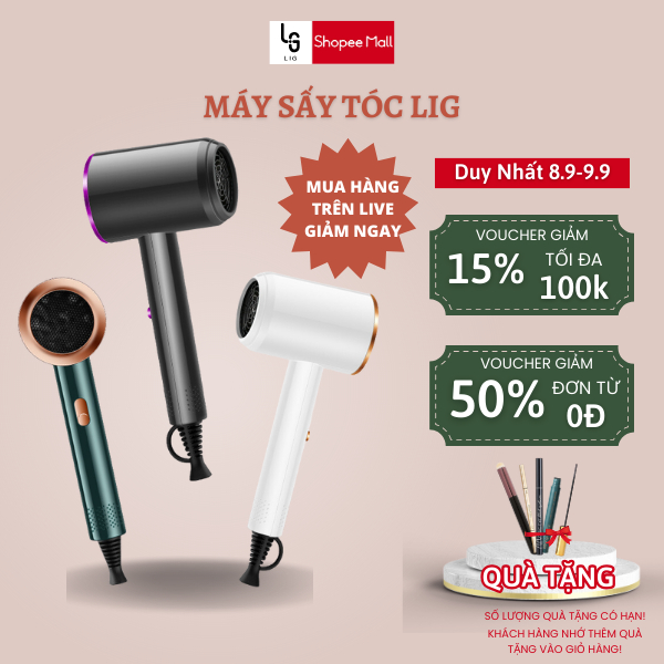 Máy sấy tóc LIG công suất lớn tạo kiểu, máy sấy tóc mini 3 chế độ gió 1000W bảo hành chính hãng