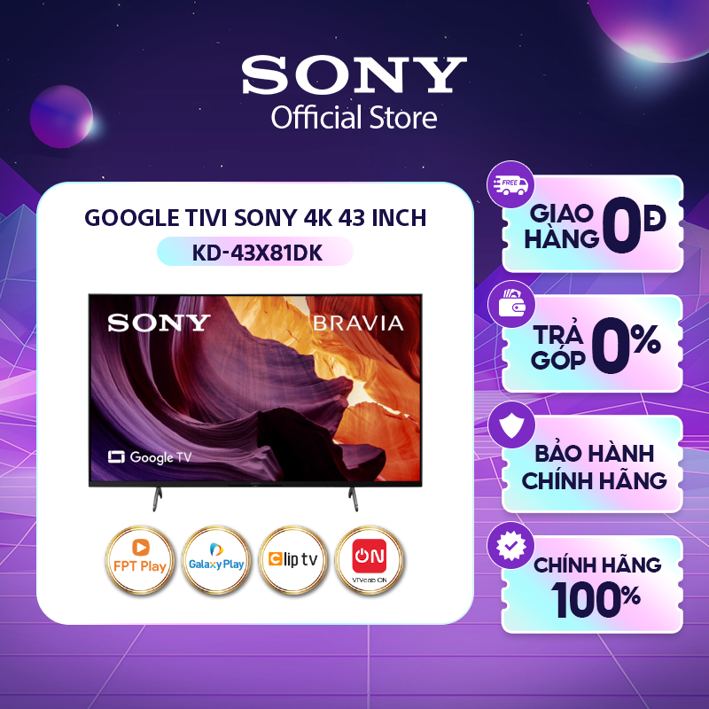 [Mã ELRE20 giảm 20% tối đa 2TR] Google Tivi Sony 4K Ultra HD 43 inch KD-43X81DK - Miễn Phí Lắp Đặt