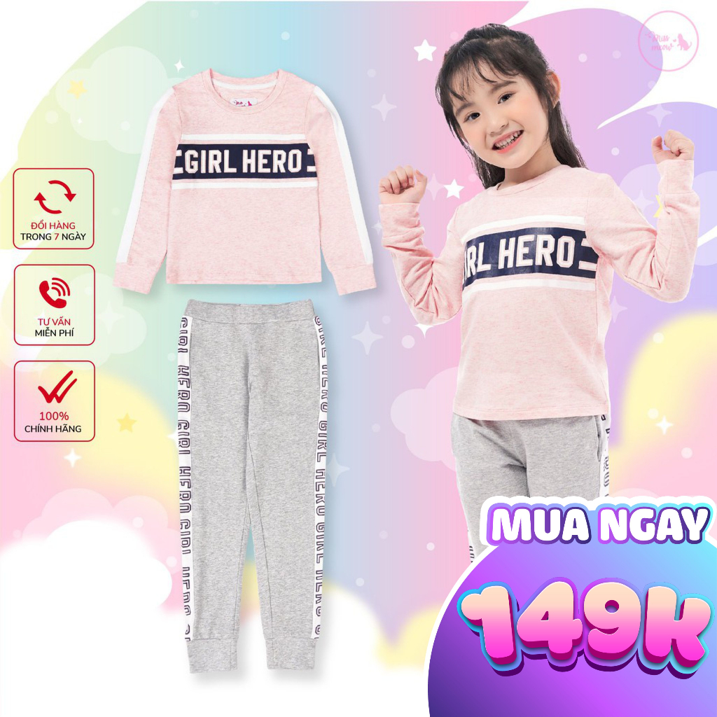 Bộ bé gái BIGFOX - MISS MEOW thu đông size đại, bộ dài tay cho bé in Girl Hero 7-15 tuổi