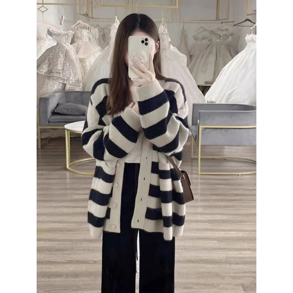 Áo Khoác Cardigan Kẻ Siêu Dễ Mặc, Phong Cách Hàn Quốc, Hàng Quảng Châu, Loại 1