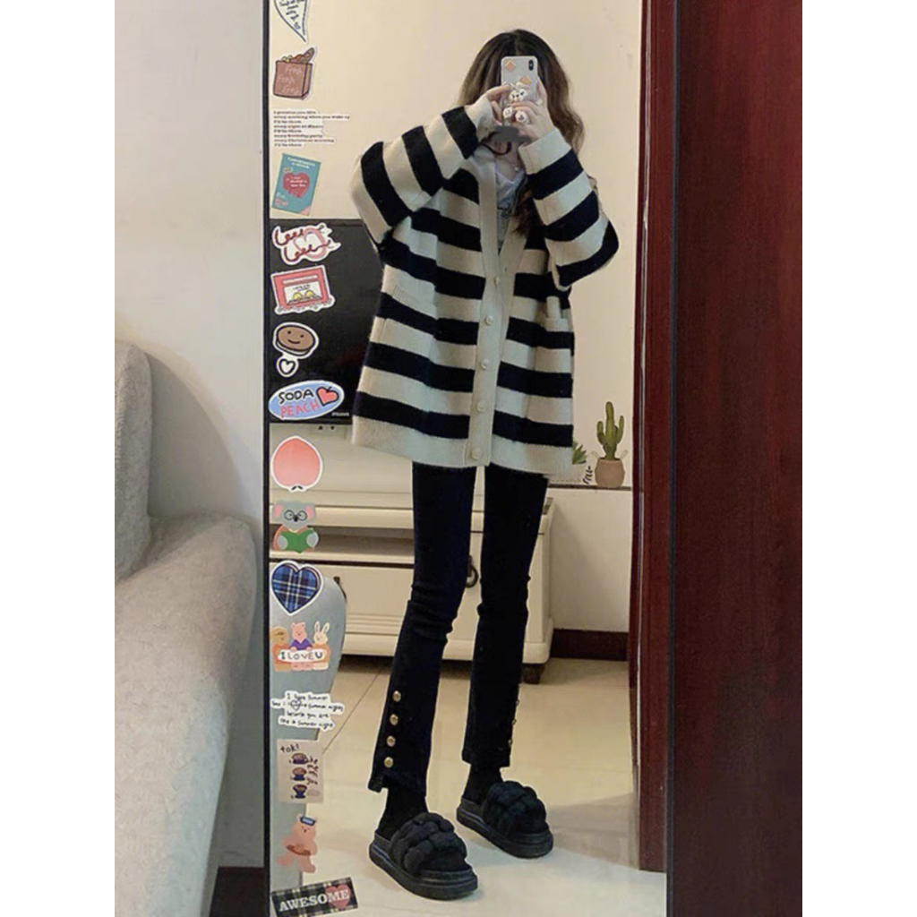 Áo Khoác Cardigan Kẻ Siêu Dễ Mặc, Phong Cách Hàn Quốc, Hàng Quảng Châu, Loại 1