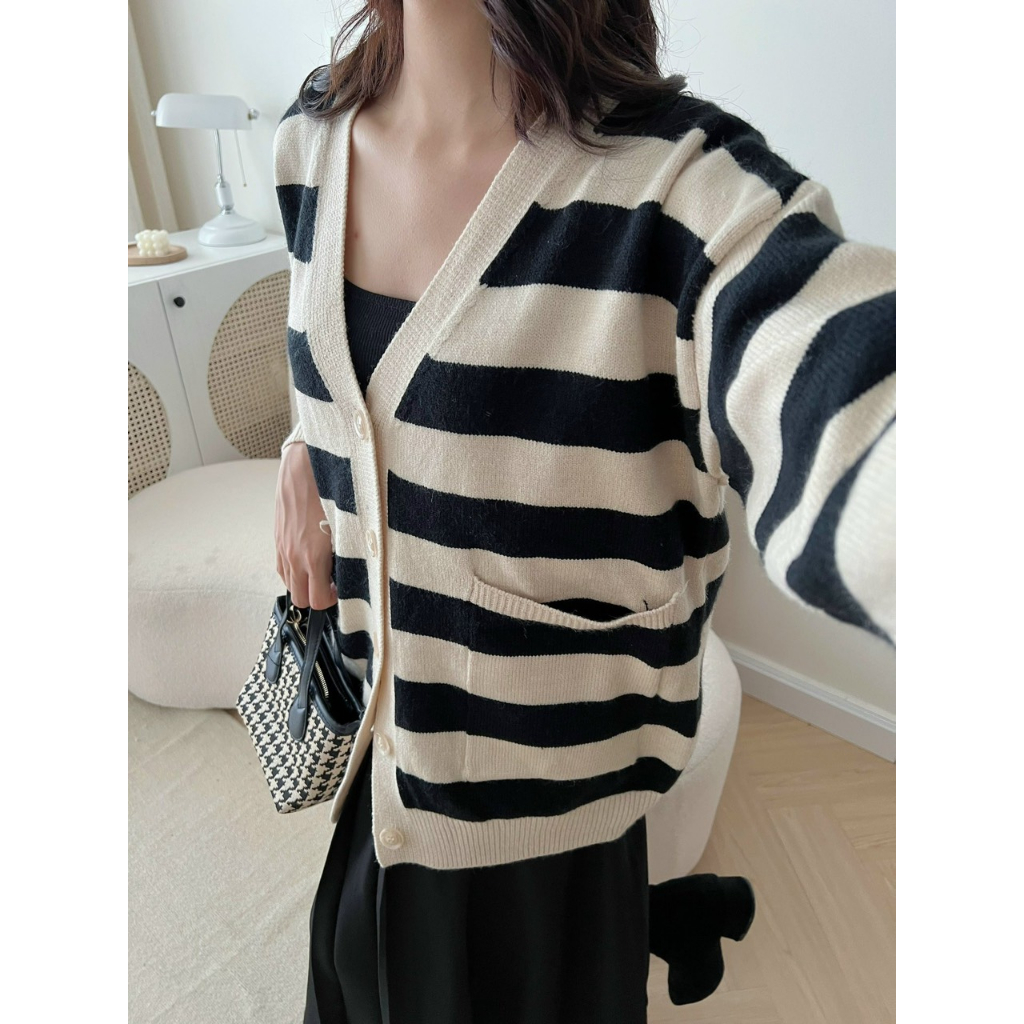 Áo Khoác Cardigan Kẻ Siêu Dễ Mặc, Phong Cách Hàn Quốc, Hàng Quảng Châu, Loại 1