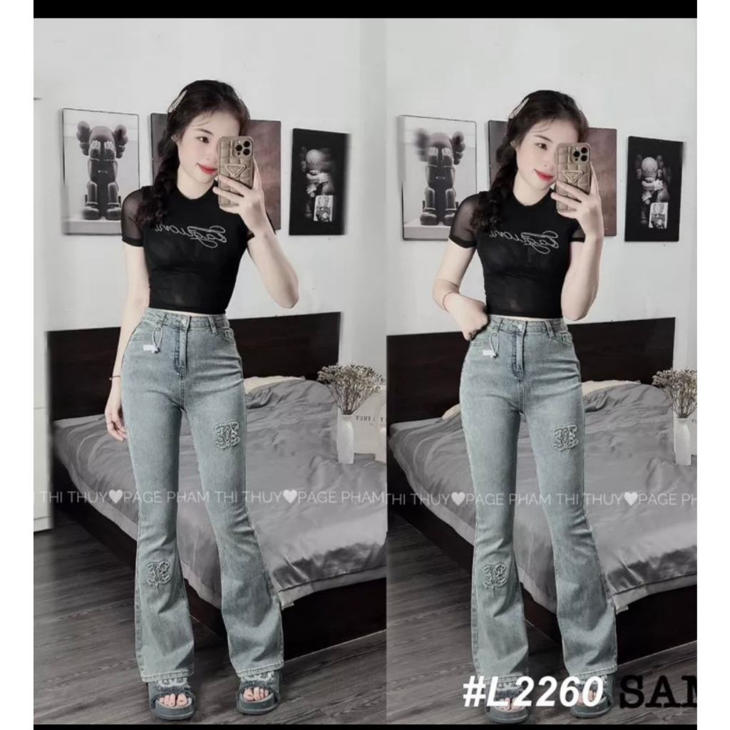 Quần jeans ống loe chà leo màu bạc lưng cao co giãn hack dáng