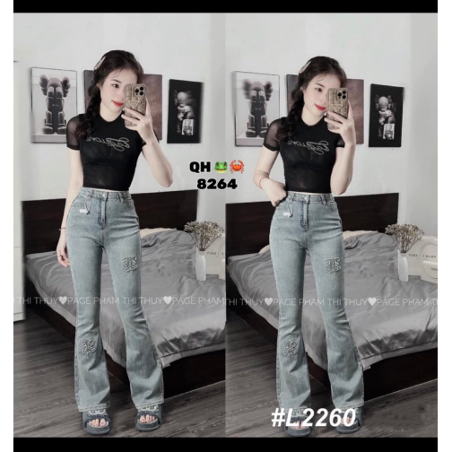 Quần jeans ống loe chà leo màu bạc lưng cao co giãn hack dáng