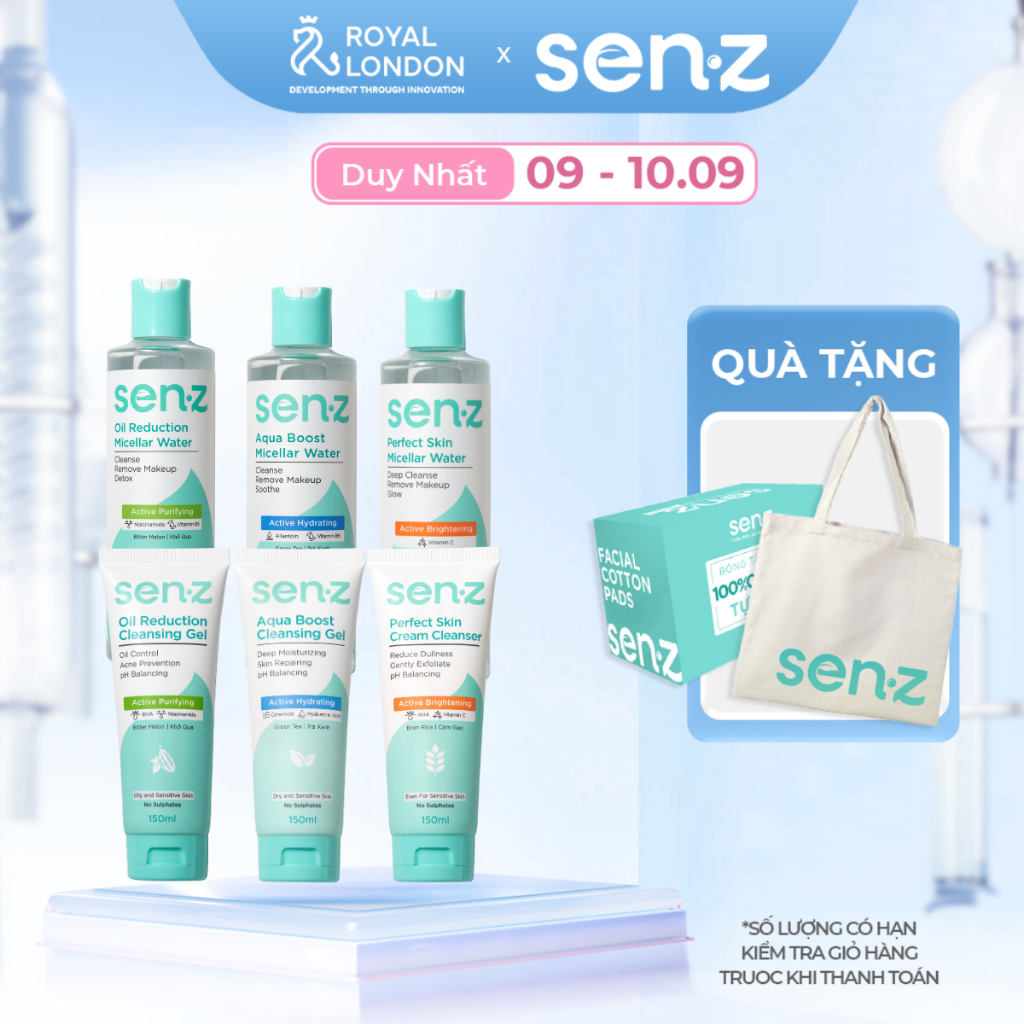 Bộ Đôi Tẩy Trang + Sữa Rửa Mặt Khổ Qua SENZ Micellar Water 250ml & Cleansing Gel 150ml