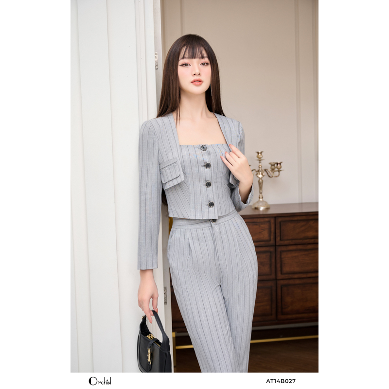Set bộ công sở áo vest cách điệu phối quần baggy chất twill silk kẻ Orchid - AT14B027
