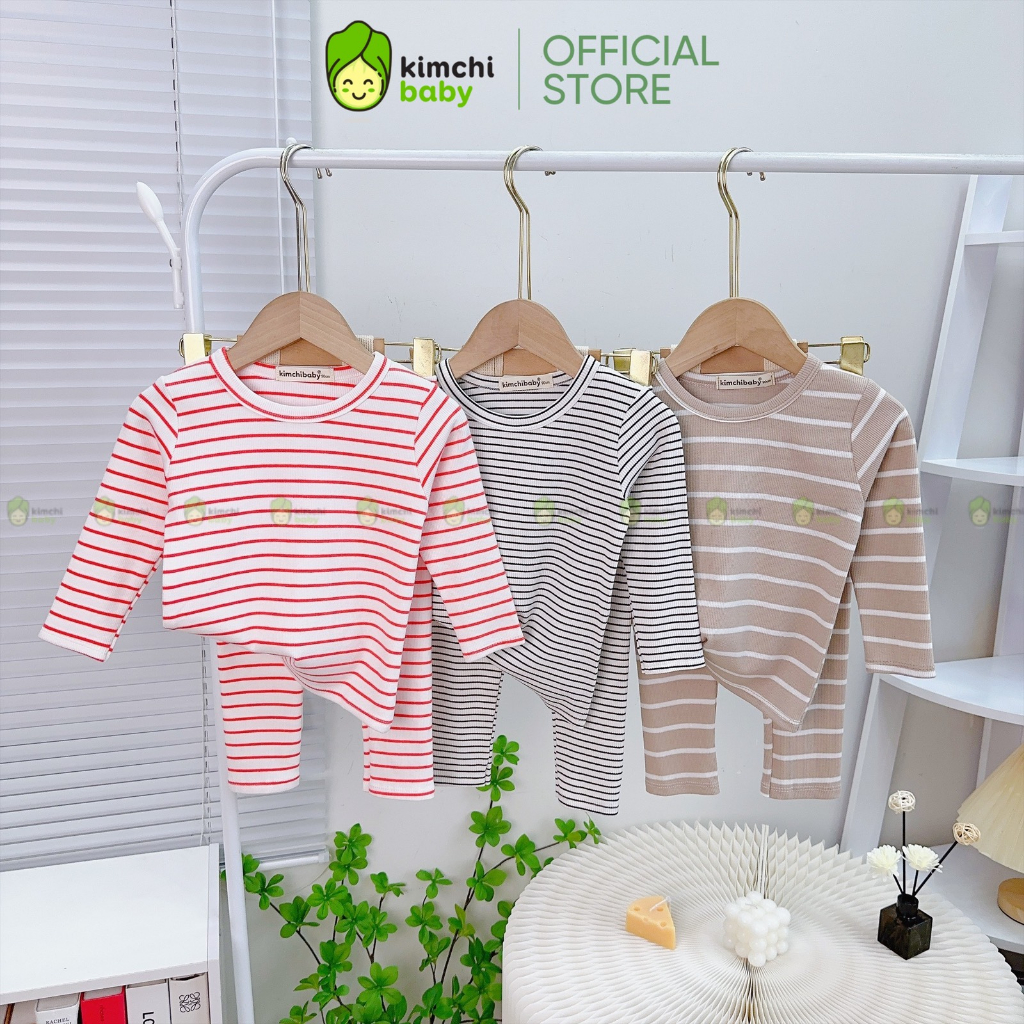 Đồ Bộ Cho Bé Gái, Bé Trai KIMCHIBABY Vải Thun Gân Tăm Hoạ Tiết Kẻ Ngang, Bộ Dài Tay Cho Bé Mặc Thu Đông KCTD310
