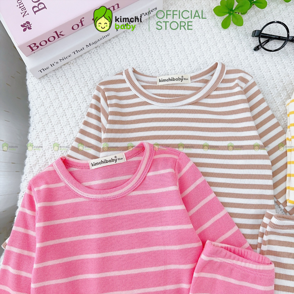 Đồ Bộ Cho Bé Gái, Bé Trai KIMCHIBABY Vải Thun Gân Tăm Hoạ Tiết Kẻ Ngang, Bộ Dài Tay Cho Bé Mặc Thu Đông KCTD310