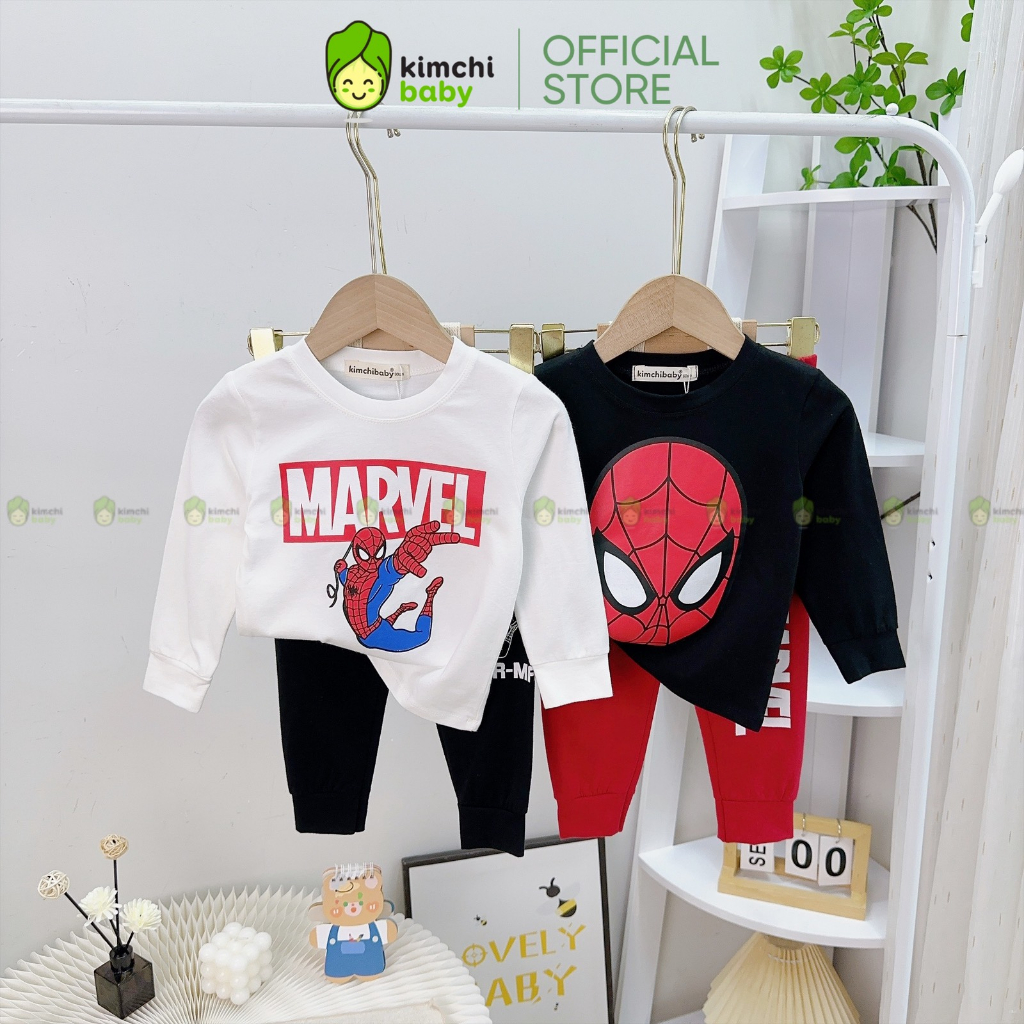 Đồ Bộ Cho Bé Trai KIMCHIBABY Vải Cotton Dư Xịn Mềm Mịn Hoạ Tiết Siêu Nhân Người Nhện, Bộ Dài Tay Cho Bé Mặc Nhà KCTD311