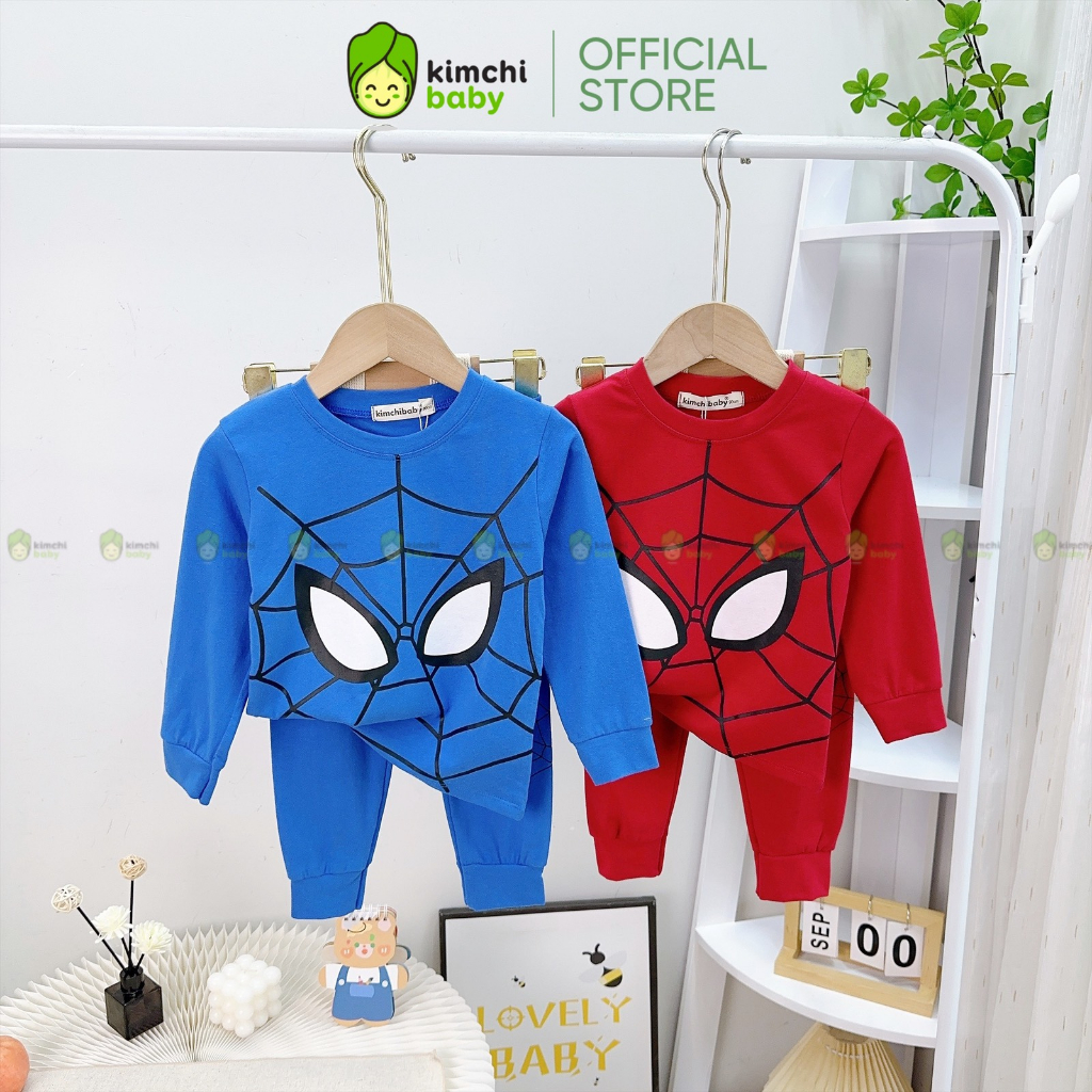 Đồ Bộ Cho Bé Trai KIMCHIBABY Vải Cotton Dư Xịn Mềm Mịn Hoạ Tiết Siêu Nhân Người Nhện, Bộ Dài Tay Cho Bé Mặc Nhà KCTD311