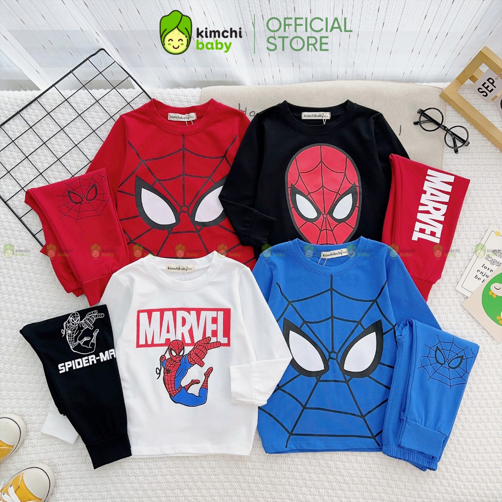 Đồ Bộ Cho Bé Trai KIMCHIBABY Vải Cotton Dư Xịn Mềm Mịn Hoạ Tiết Siêu Nhân Người Nhện, Bộ Dài Tay Cho Bé Mặc Nhà KCTD311