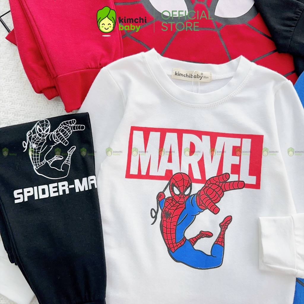 Đồ Bộ Cho Bé Trai KIMCHIBABY Vải Cotton Dư Xịn Mềm Mịn Hoạ Tiết Siêu Nhân Người Nhện, Bộ Dài Tay Cho Bé Mặc Nhà KCTD311