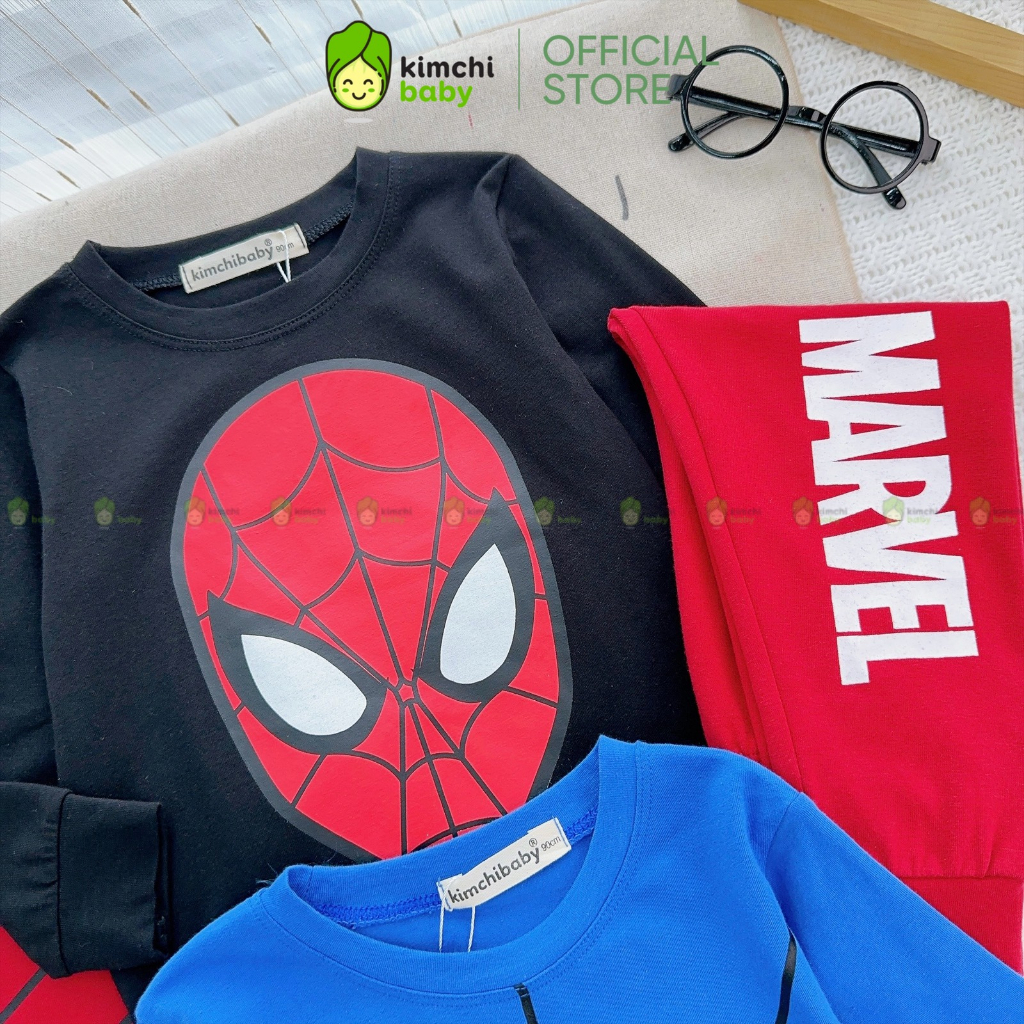 Đồ Bộ Cho Bé Trai KIMCHIBABY Vải Cotton Dư Xịn Mềm Mịn Hoạ Tiết Siêu Nhân Người Nhện, Bộ Dài Tay Cho Bé Mặc Nhà KCTD311