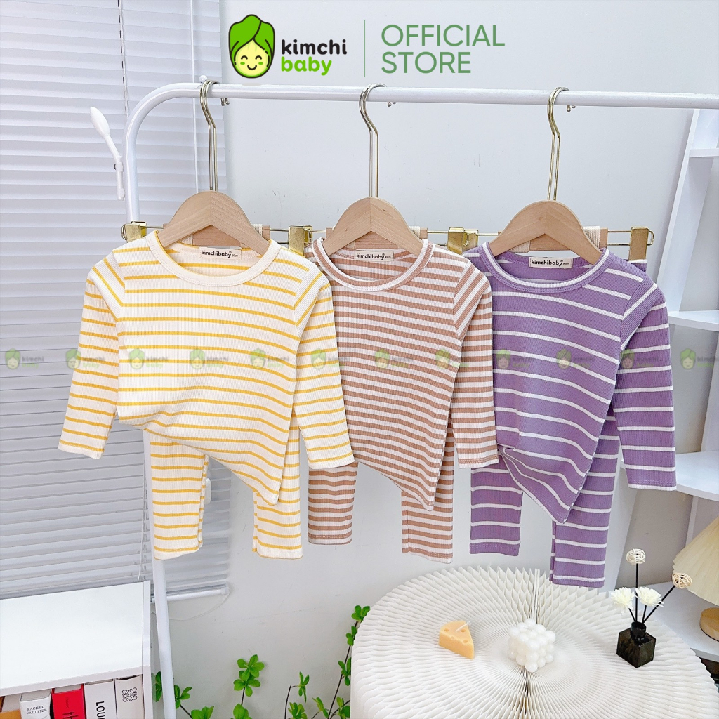 Đồ Bộ Cho Bé Gái, Bé Trai KIMCHIBABY Vải Thun Gân Tăm Hoạ Tiết Kẻ Ngang, Bộ Dài Tay Cho Bé Mặc Thu Đông KCTD310