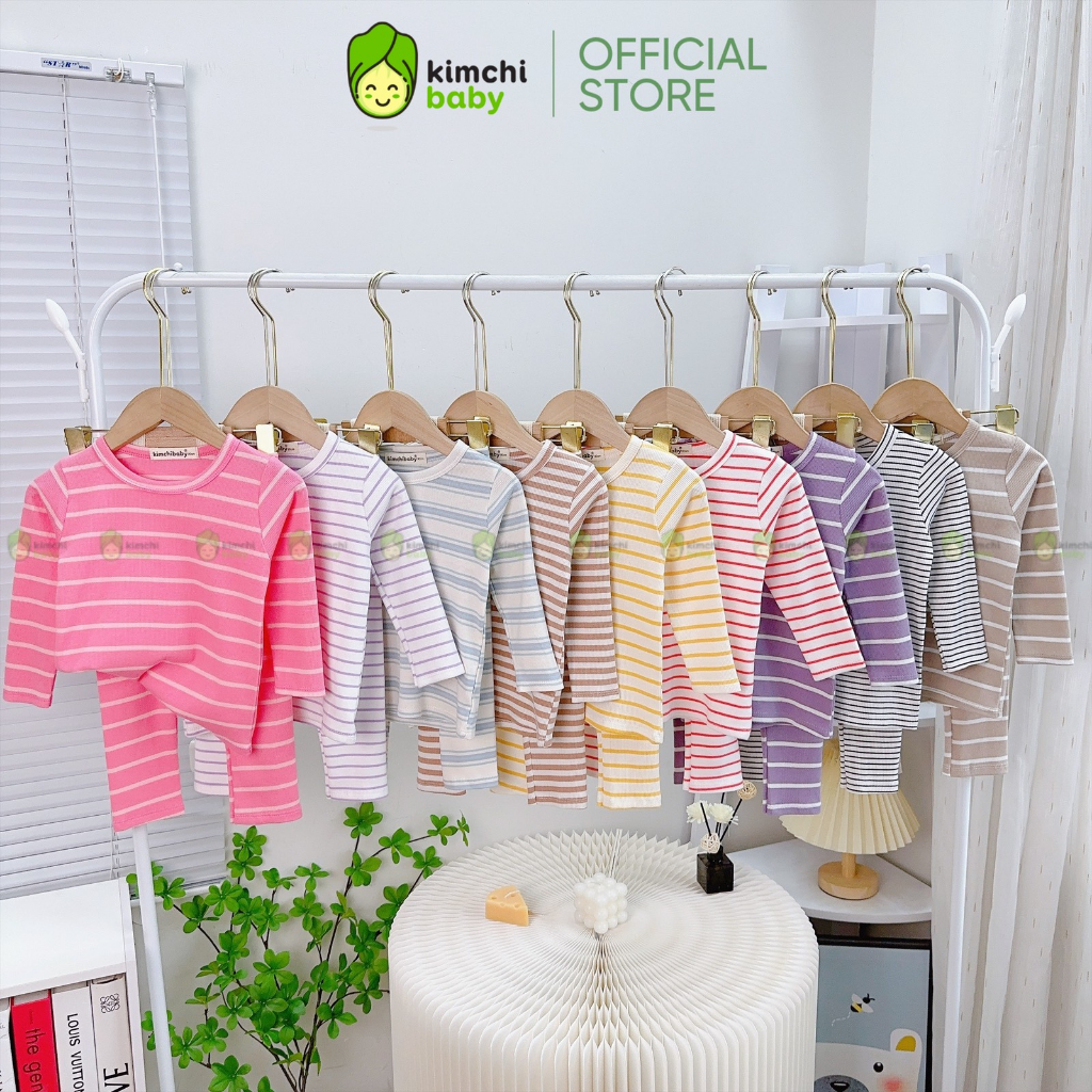 Đồ Bộ Cho Bé Gái, Bé Trai KIMCHIBABY Vải Thun Gân Tăm Hoạ Tiết Kẻ Ngang, Bộ Dài Tay Cho Bé Mặc Thu Đông KCTD310