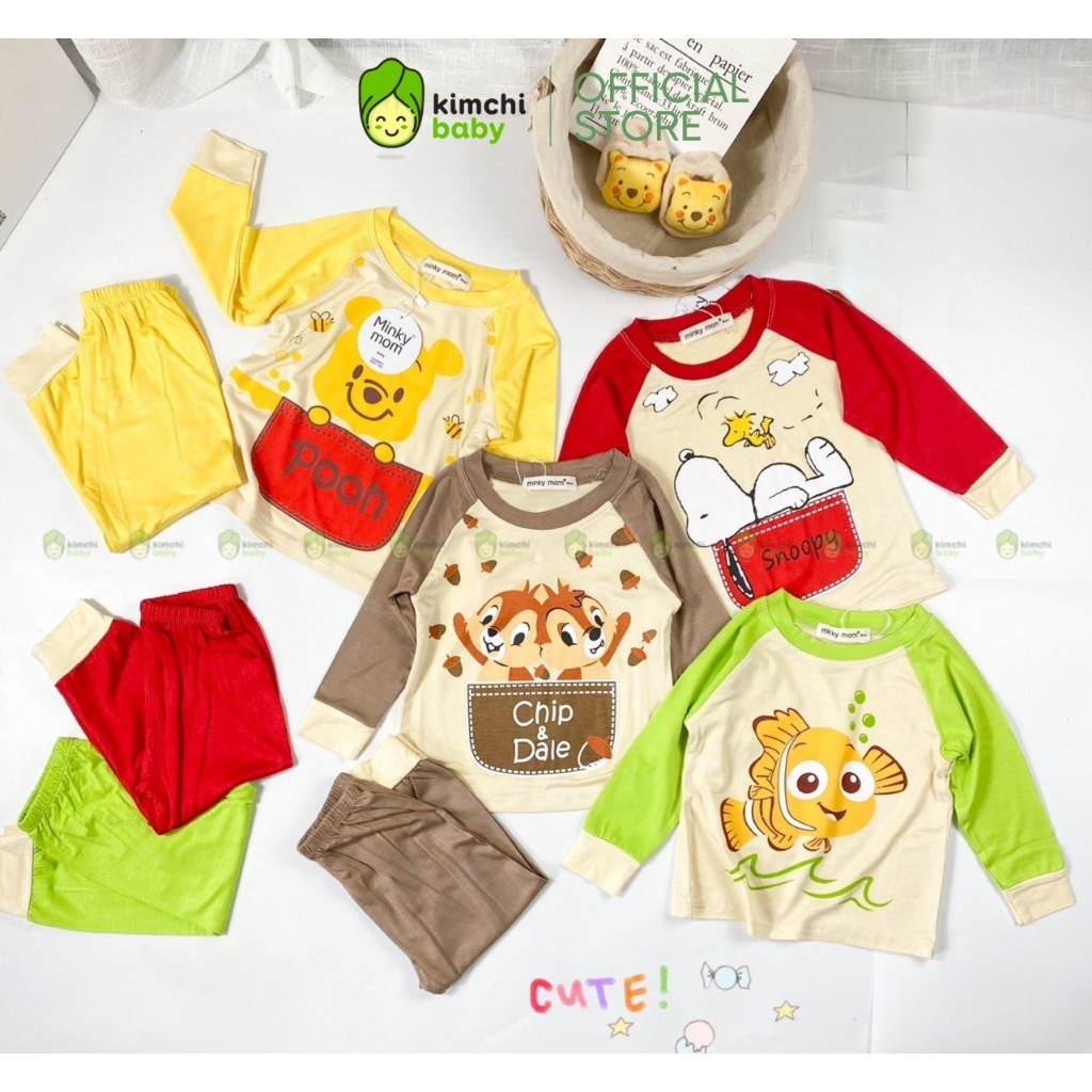 Đồ Bộ Cho Bé Trai, Bé Gái Minky Mom Vải Thun Lạnh Hoạ Tiết Gấu Pooh Cổ Viền, Bộ Dài Tay Cho Bé Mặc Nhà MKMTD303