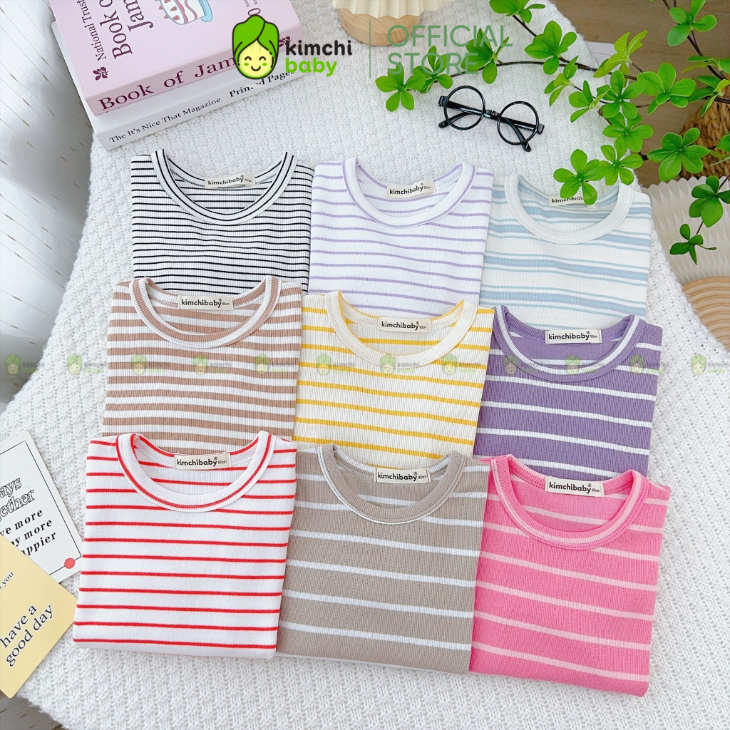 Đồ Bộ Cho Bé Gái, Bé Trai KIMCHIBABY Vải Thun Gân Tăm Hoạ Tiết Kẻ Ngang, Bộ Dài Tay Cho Bé Mặc Thu Đông KCTD310
