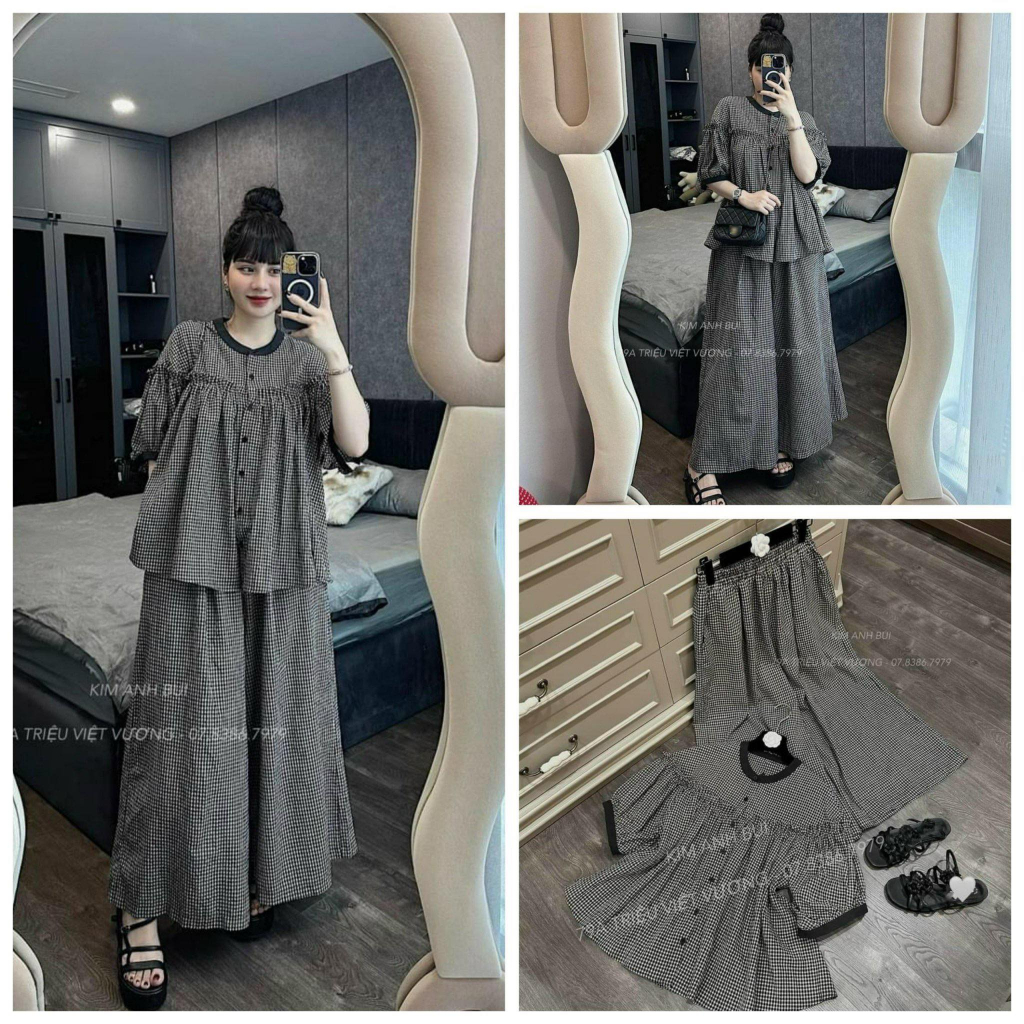 Bigsize nữ , bộ đồ bầu nữ set bộ kẻ dáng xòe dài cap cấp kiểu dáng tiểu thư kèm chân váy hot hit