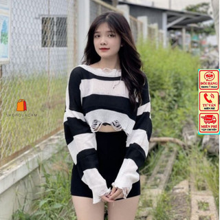 Áo Len Mỏng Kiểu Rách Thân Cá Tính Cổ Tròn Dáng Ngắn Croptop From Rộng Dễ Phối Đồ Hàng Qccc Thời Trang Nữ Shopquacam