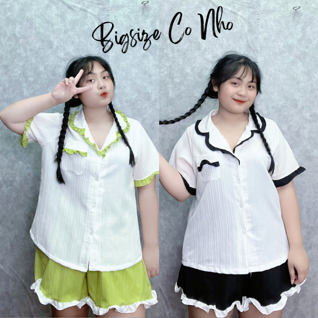 Set đồ bộ ngủ pyjama bigsize nữ vạt bèo xinh xắn có túi 1 bên chất vải đũi xốp mát mẻ dành cho nàng mập 58-95 SET65