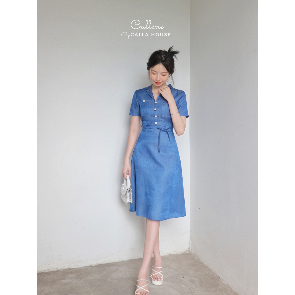 Đầm denim thiết kế thanh lịch cổ vest chạy viền chỉ kèm đai