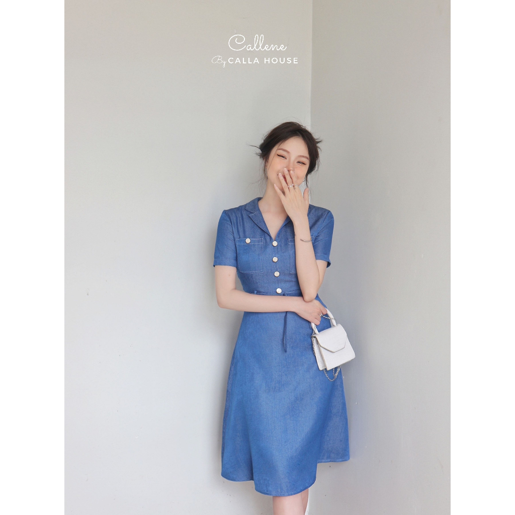 Đầm denim thiết kế thanh lịch cổ vest chạy viền chỉ kèm đai