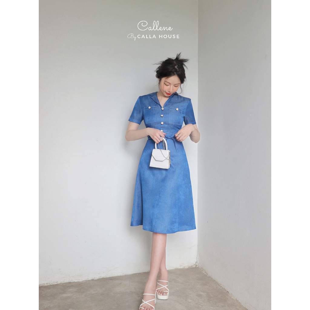 Đầm denim thiết kế thanh lịch cổ vest chạy viền chỉ kèm đai